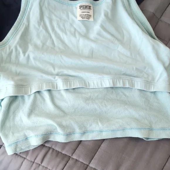PINK Victoria's Secret Cropped Shelf Bra Racerback Tanks - Navy and Mint Blue - Picture 3 of 7